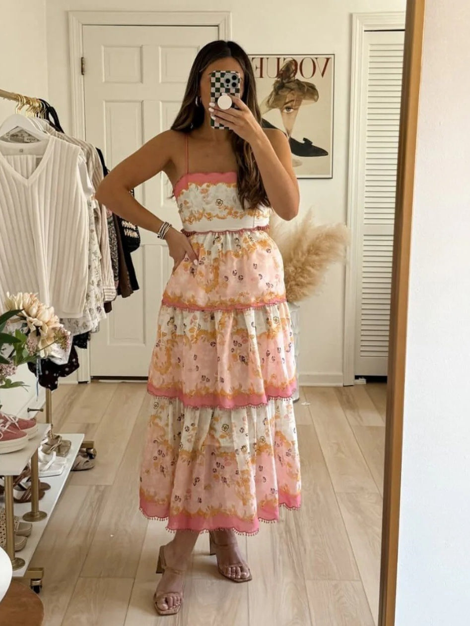 Floral Cami Tiered Ruffle Hem Backless Maxi Dress