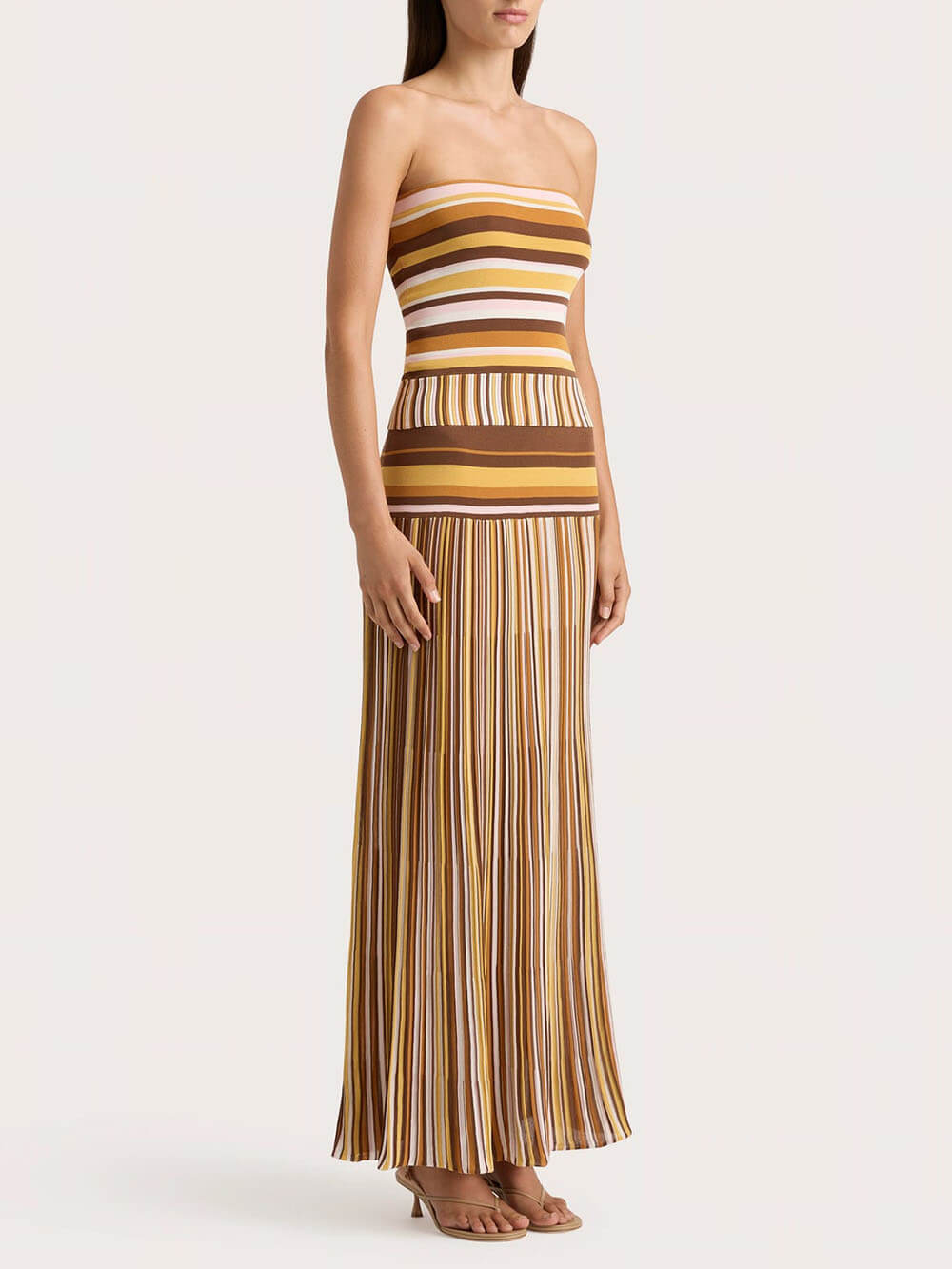 Exquisite Strapless Striped Printed Pleated Maxi Dress