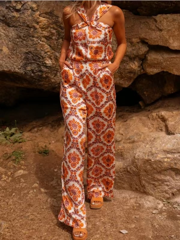 Orange Printed Fully Lined Jumpsuit