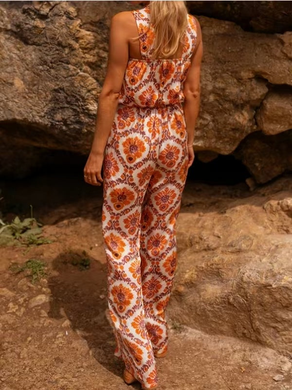Orange Printed Fully Lined Jumpsuit