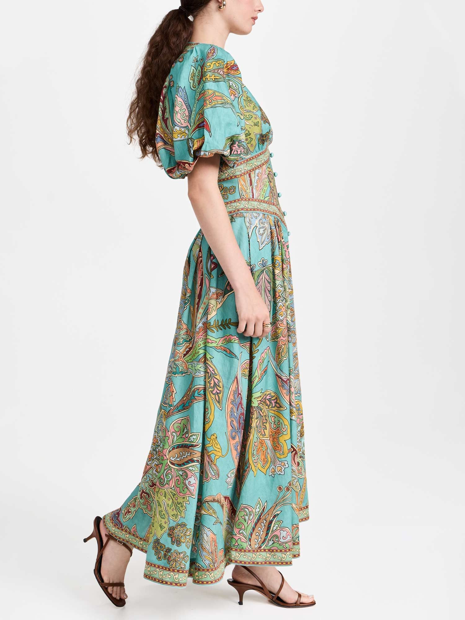 Emerald Luxe Paisley Puff Sleeve Maxi Dress