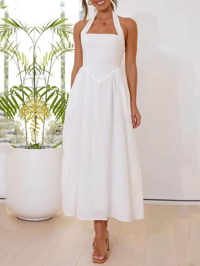 Waist Little Black Halter Neck Dress Mid Length Dress