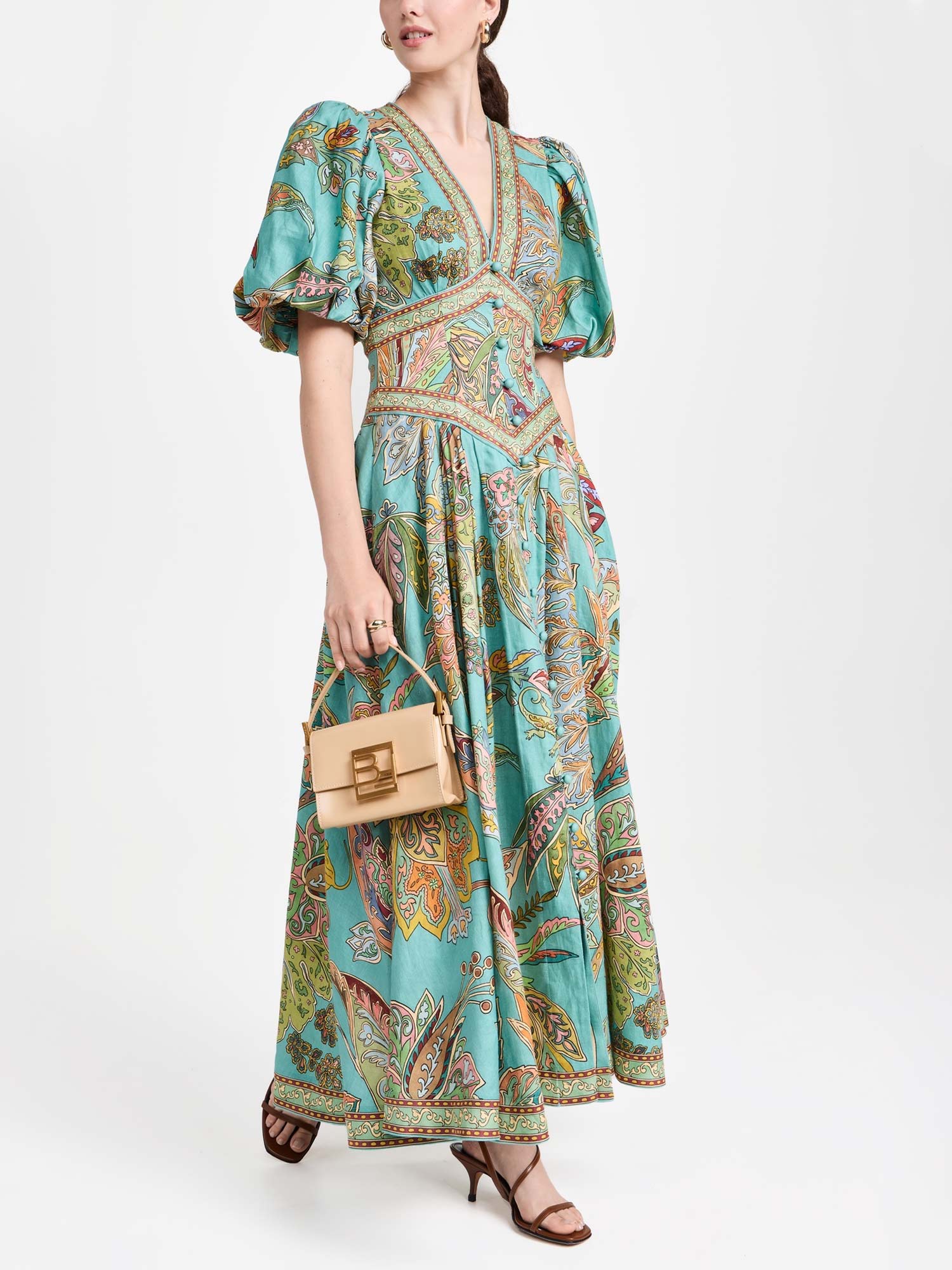 Emerald Luxe Paisley Puff Sleeve Maxi Dress