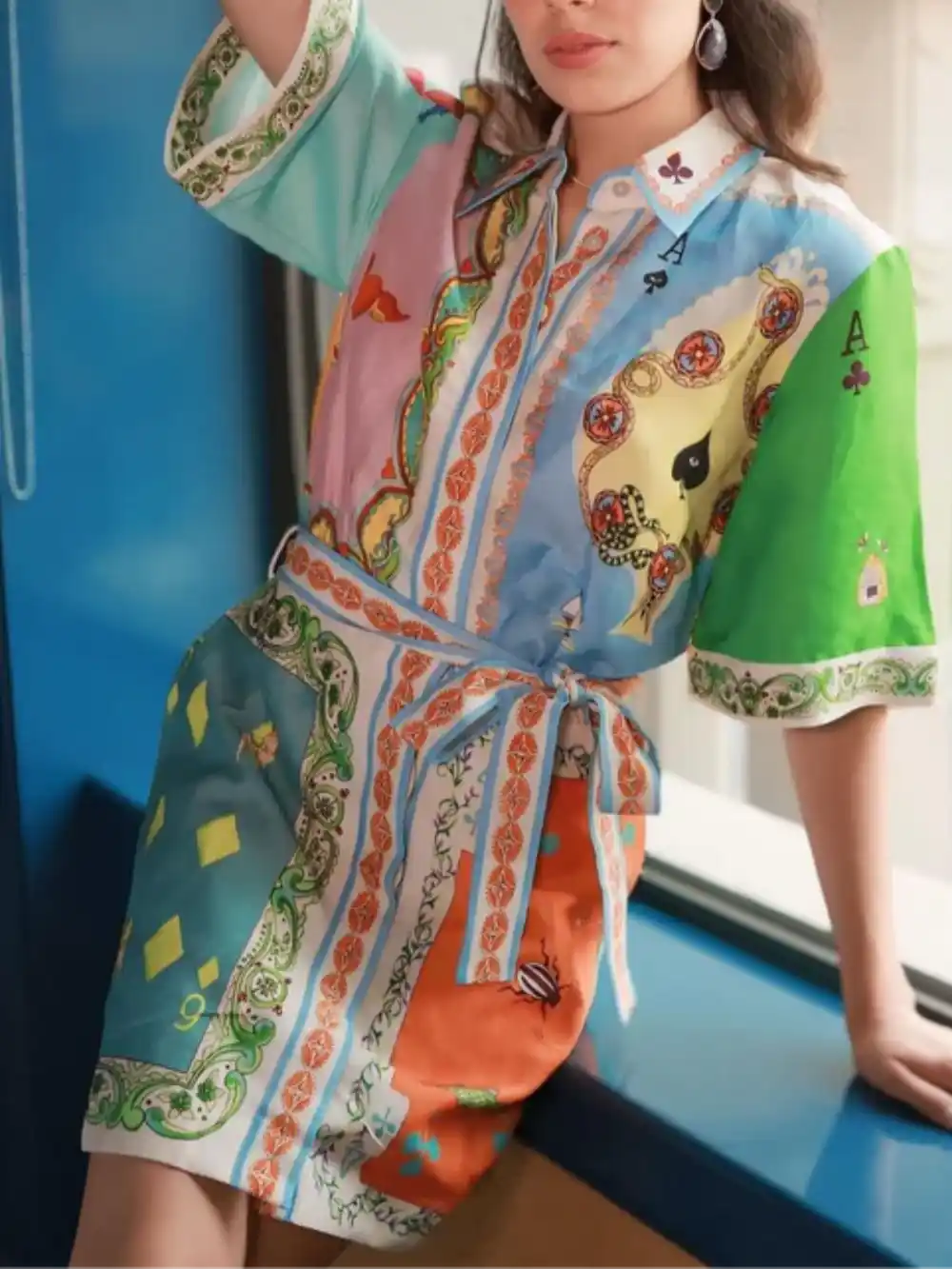 Ethnic Printed Shirt Cardigan Short Dress