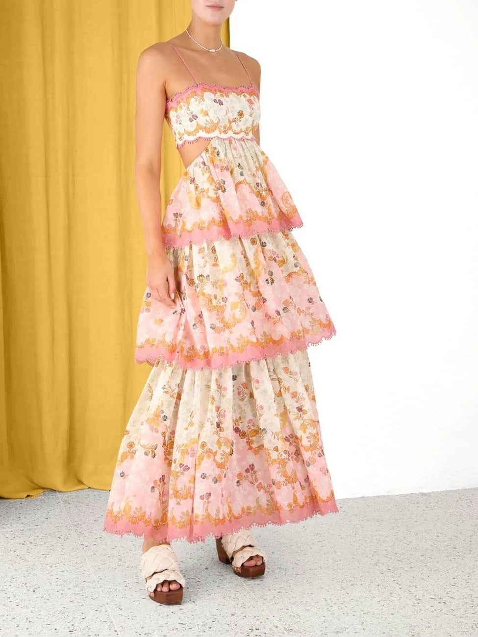 Floral Cami Tiered Ruffle Hem Backless Maxi Dress