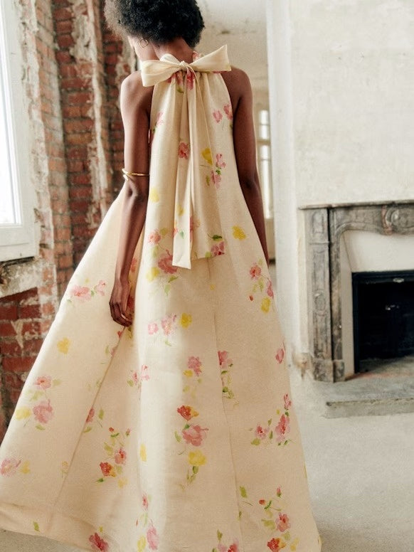 Gathered Neckline Printed Sleeveless Maxi Dress