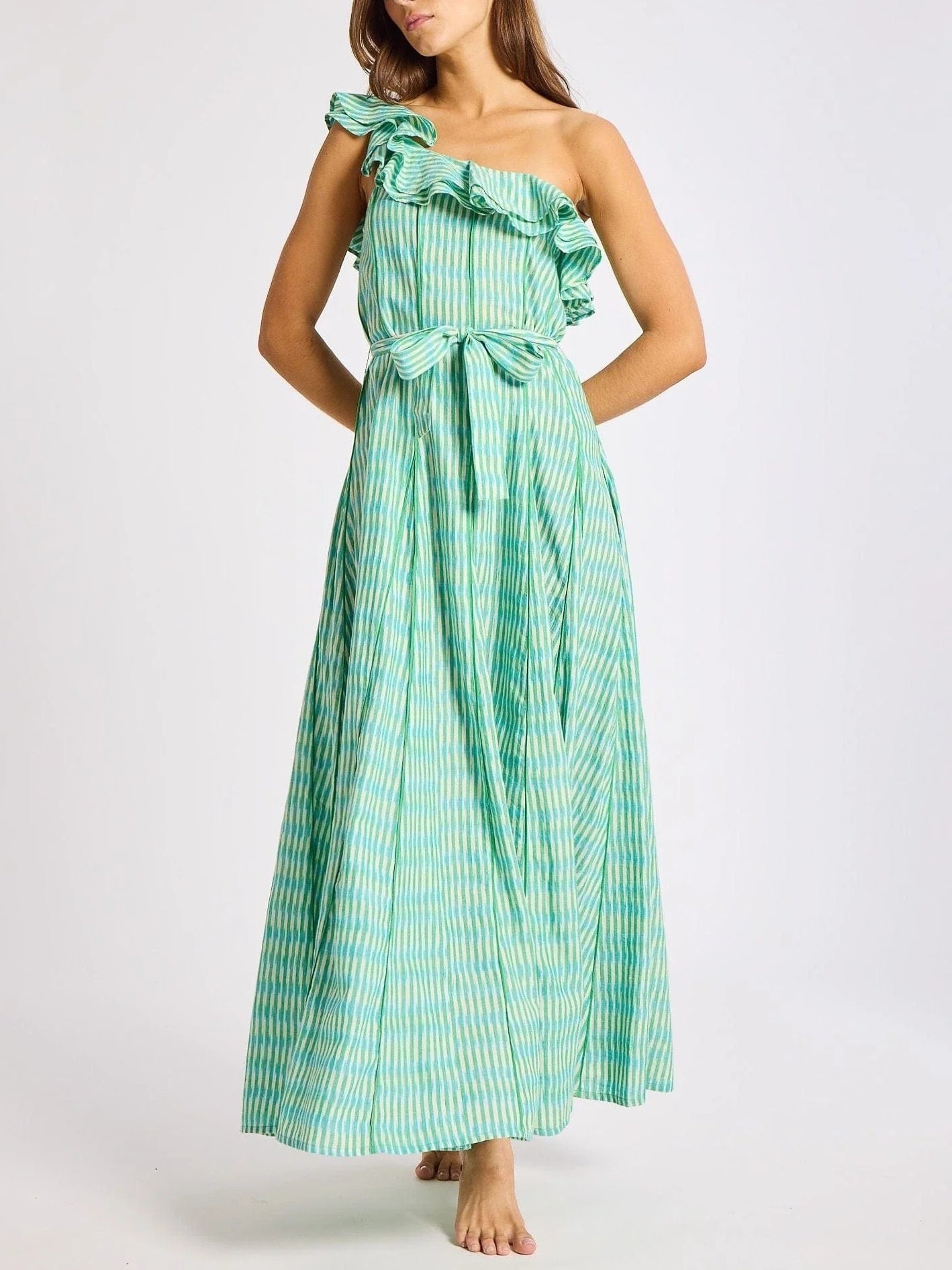 Godet Pleating Ruffle Detail Maxi Dress
