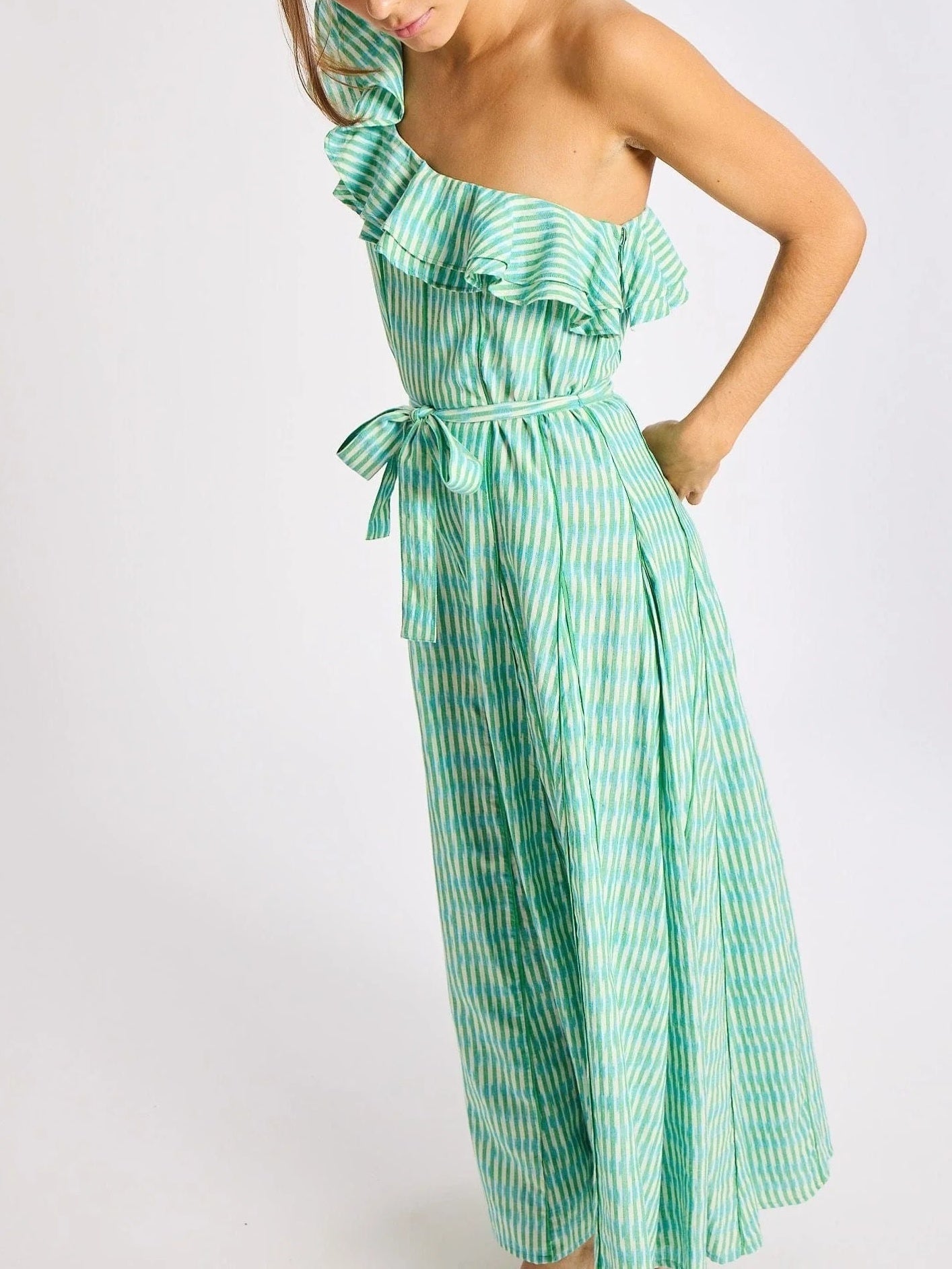 Godet Pleating Ruffle Detail Maxi Dress