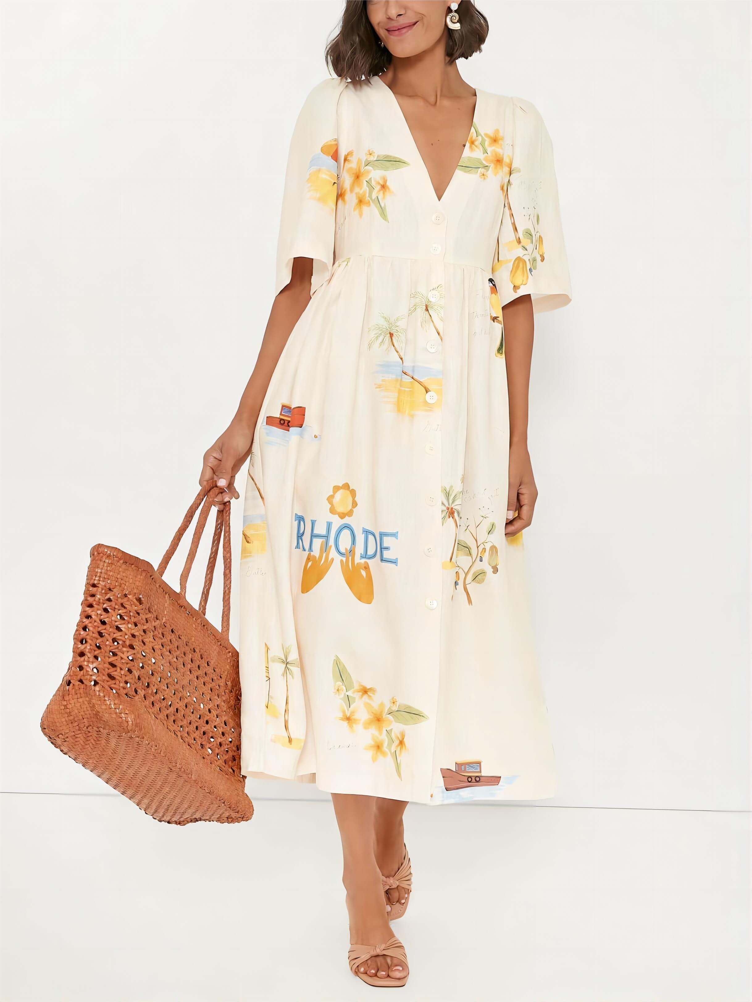 Folk Floral Print Unique Holiday Puff Sleeve Midi Dress