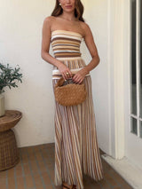 Exquisite Strapless Striped Printed Pleated Maxi Dress
