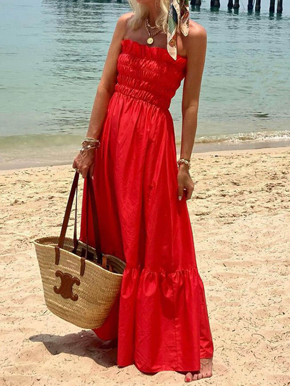 Off Shoulder Smocked Bust Vacation Maxi Dress