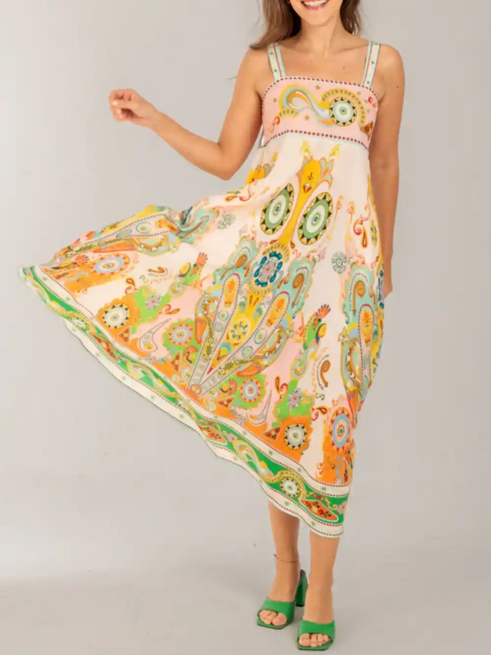 Fashionable Ethnic Holiday Print Midi Dress