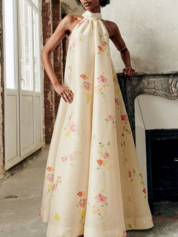 Gathered Neckline Printed Sleeveless Maxi Dress